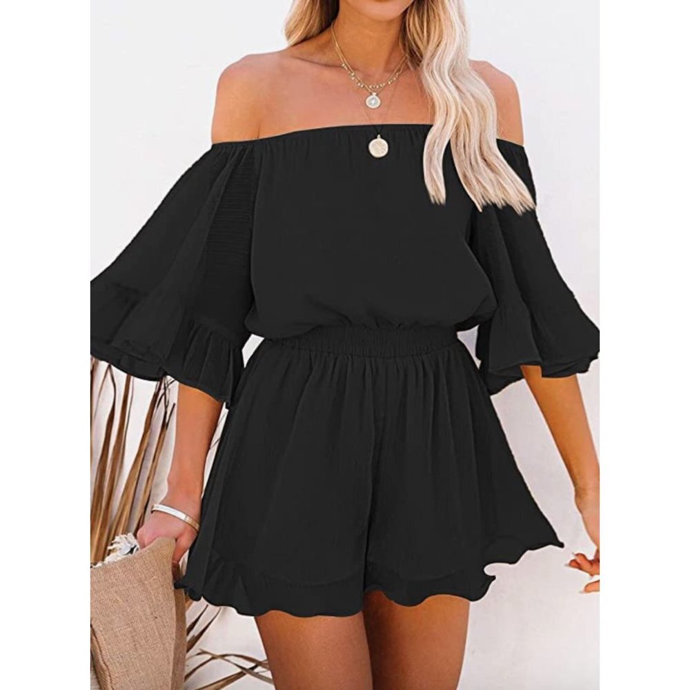Boho Black Ruffle Off Shoulder Short Sleeve Romper Jumpsuit Playsuit One Piece
